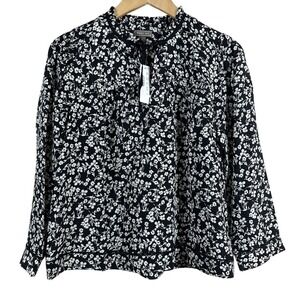 Point Sur Women's Blouse Black Floral Long Sleeves Front Neck‎ Tie Size S